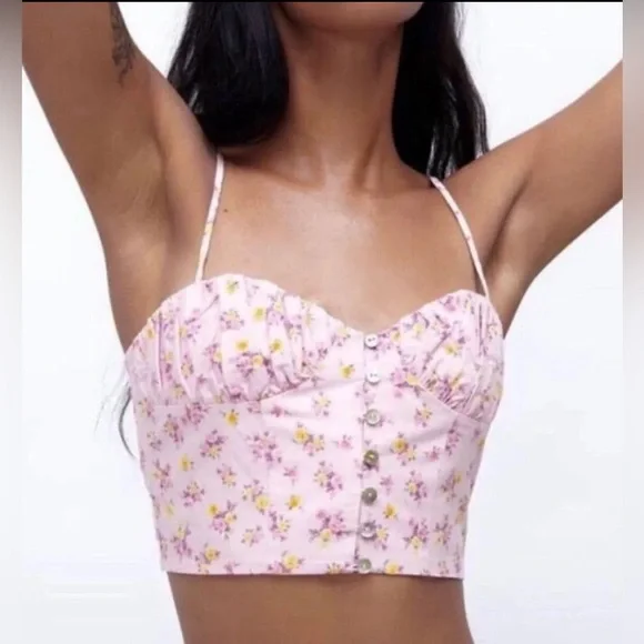 ZARA Multicolored Floral Spaghetti Strapped Crop Top Stretchy Blouse Size L NEW - Picture 3 of 7